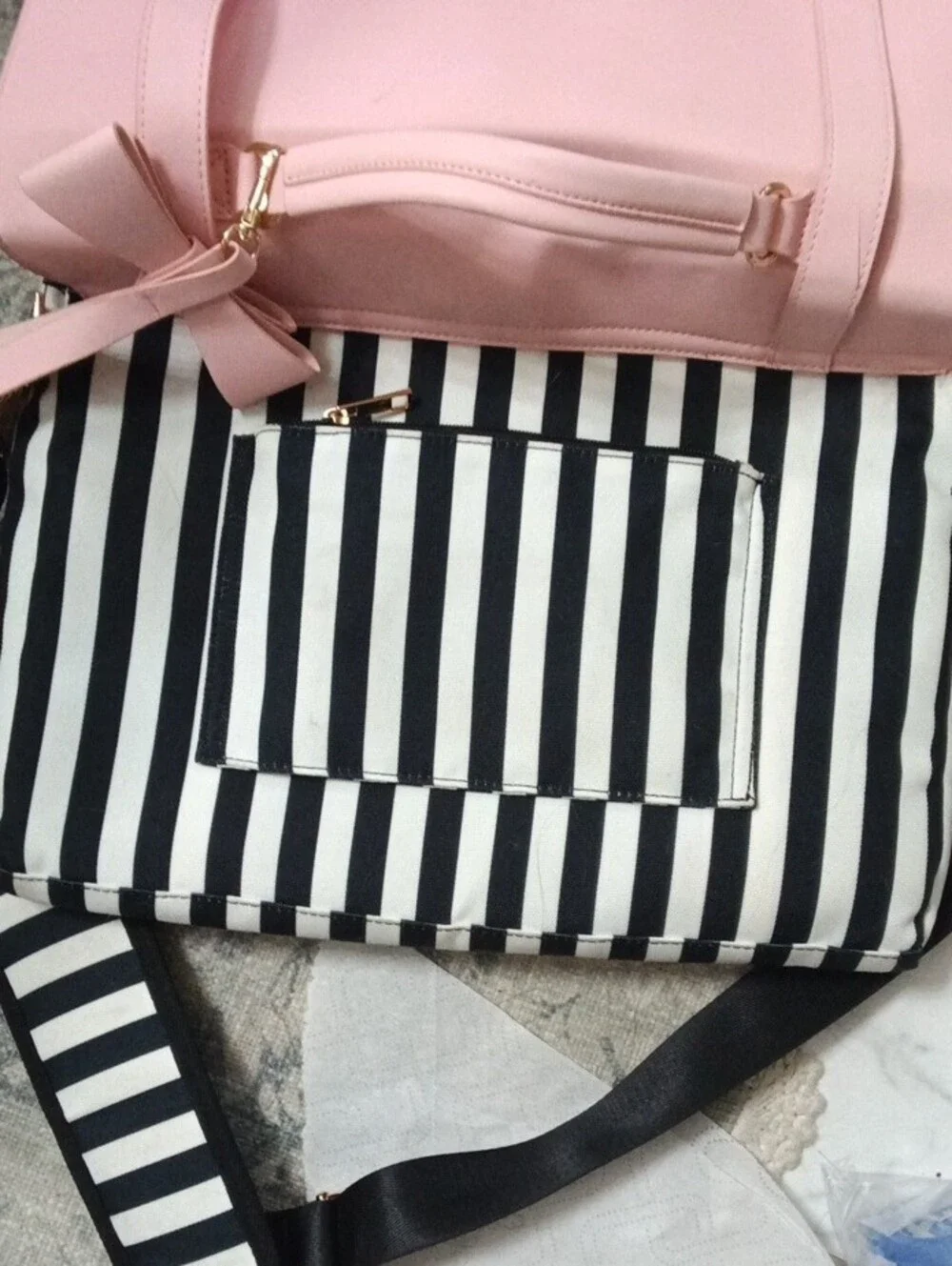 Pink Bow Satchel with Black & White Stripes